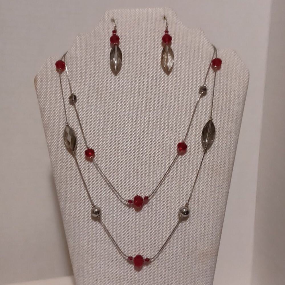 Christopher & Banks Silvertone Necklace & Earrings With Red Beads.